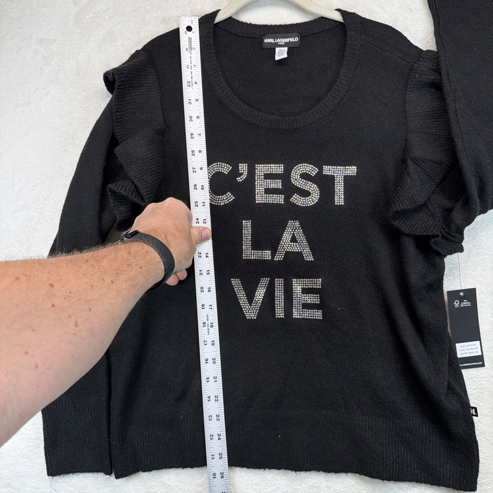 Karl Lagerfeld Paris C'est La Vie Embellished Ruffle Knit Top Black XL NWT - Picture 5 of 9